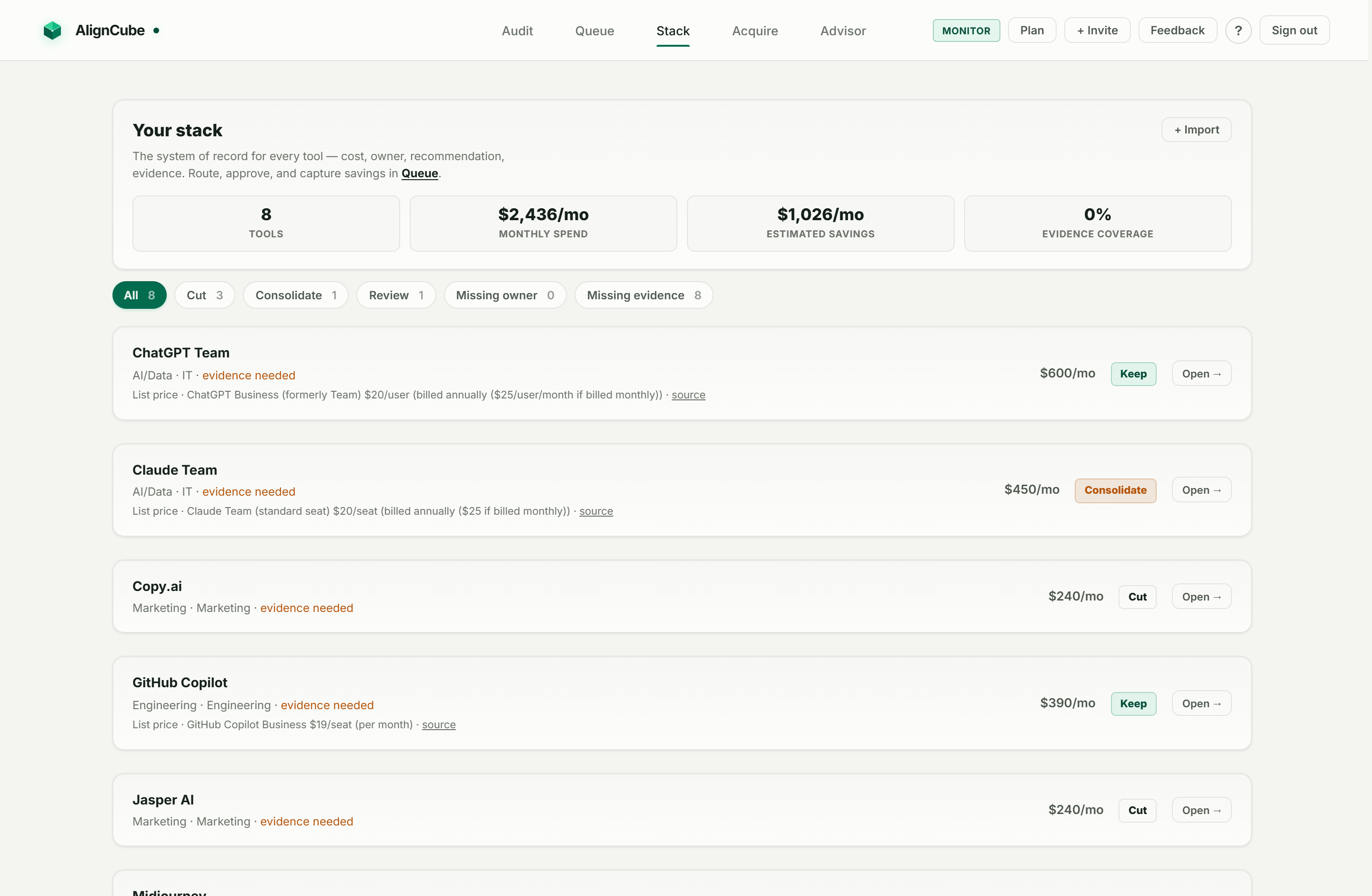 AlignCube Stack view: every tool with cost, owner, and a color-coded Keep, Cut, or Consolidate verdict, filterable by recommendation and missing evidence