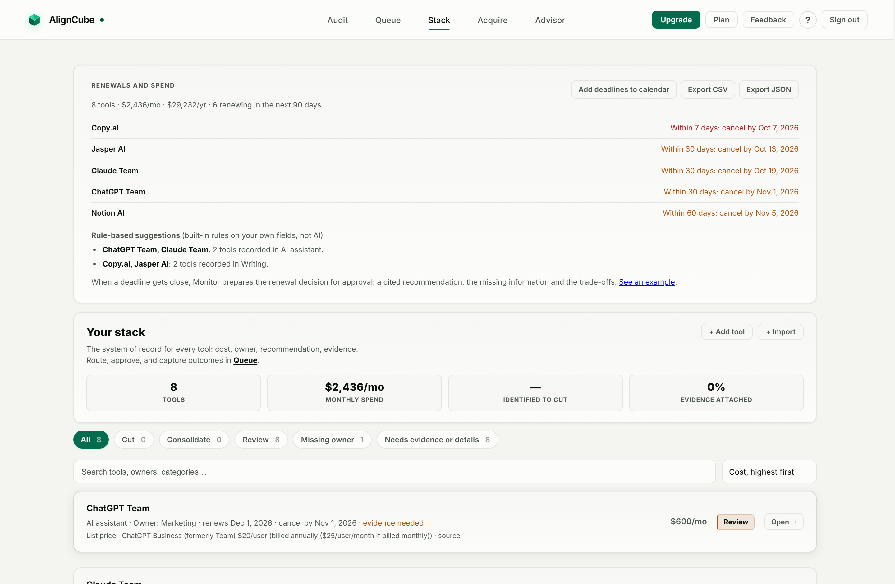 The Stack tab on the free plan with sample data: the Renewals and spend card listing upcoming cancel-by dates, with calendar and export buttons, above the tool records.