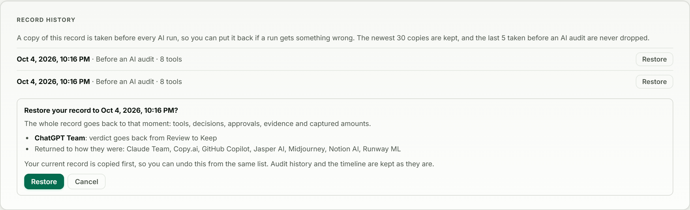 The Record history card in AlignCube on sample data: copies taken before an AI audit, and a preview listing what a restore would put back before the person confirms it.